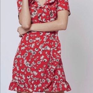 Topshop Red Wrap Dress with Floral Pattern and Ruffle Detail.
